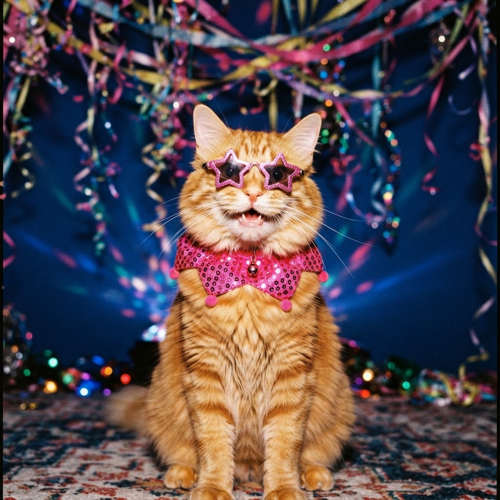 Orange cat in star sunglasses at a party